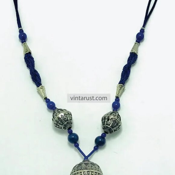 Blue Beaded Pendant Necklace with Silver Tribal Charms and Tassels - Picture 13 of 14